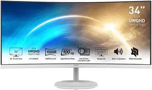 MSI 34" Ultrawide QHD 2K 1440P 100Hz Curved White Monitor Pro MP341CQW